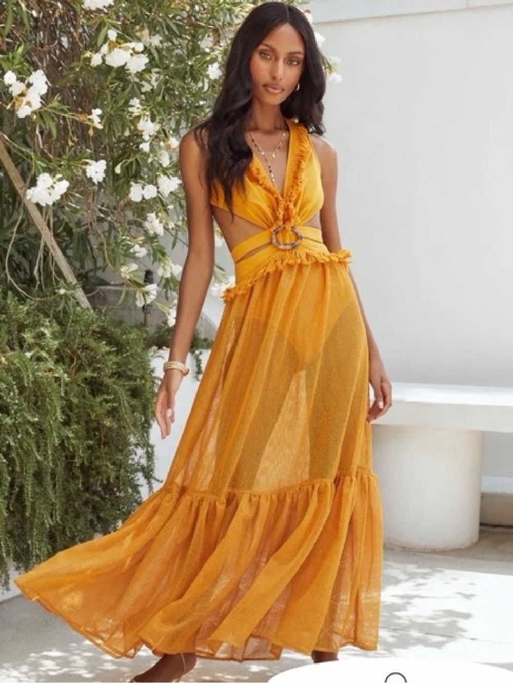 Sleeveless Mustard Cutout Maxi Dress with Ring Detail size L